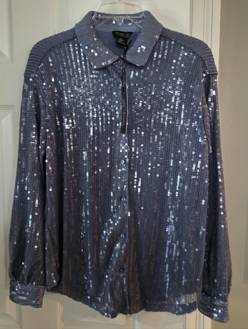 NWT Rachel Zoe Silver Blue Gray Sequin Button Shirt Jacket Medium - Picture 1 of 14